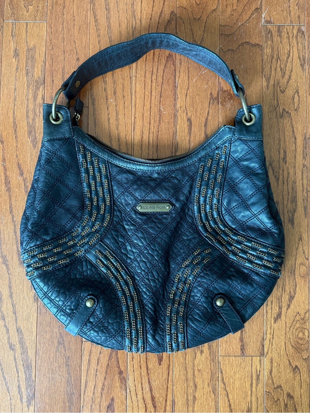 Isabella Fiore Black Quilted Shoulder Hobo with Chain Stitching